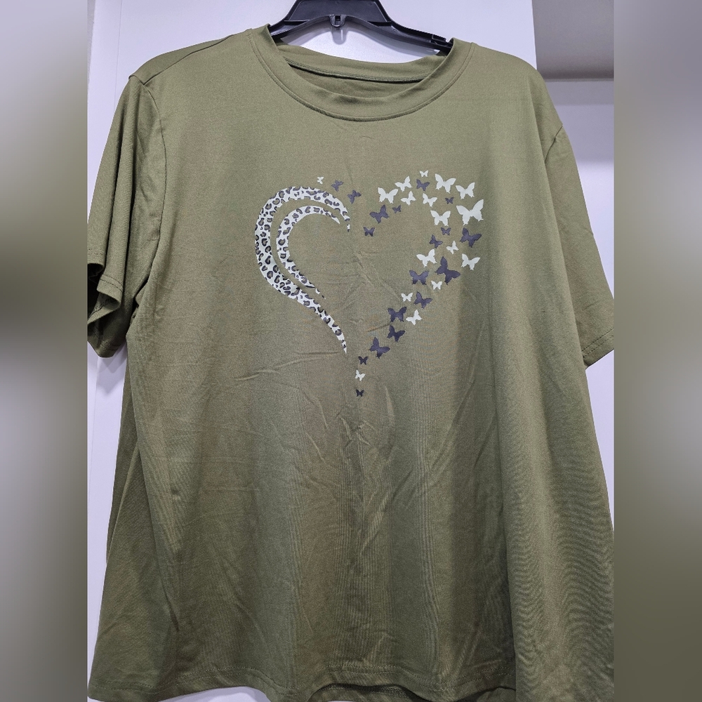 Green T-Shirt with Butterfly and Leopard Print Design. New Without Tags.